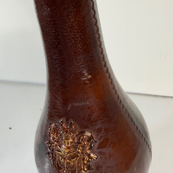 Decorative Leather Wrapped Bottle Decanter Brown Ornate Crest Vintage Home Decor - Picture 9 of 16